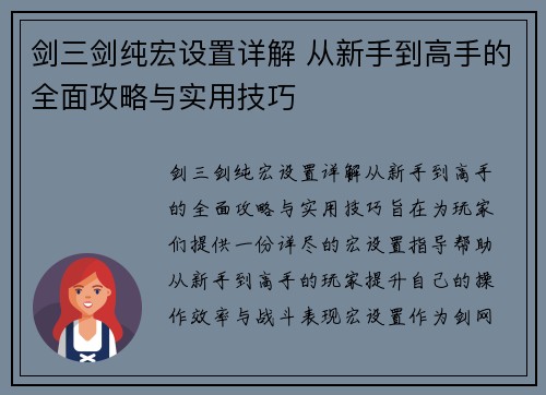 剑三剑纯宏设置详解 从新手到高手的全面攻略与实用技巧